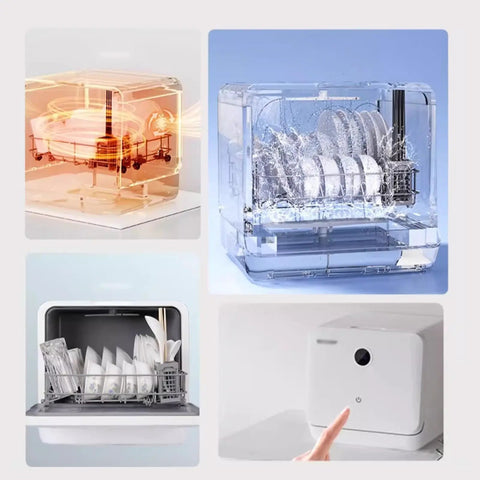 Skip The Sink Blues With This Plug And Play Countertop Dishwasher Featuring Heavy Duty High Temp Cycle triple wash filters, showcasing clean plates and dishware.