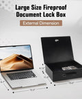 Open Fireproof Document Safe Box With Key Lock next to laptop, showing size comparison, Extra Large 13.2 By 11 By 4.13 Inches.