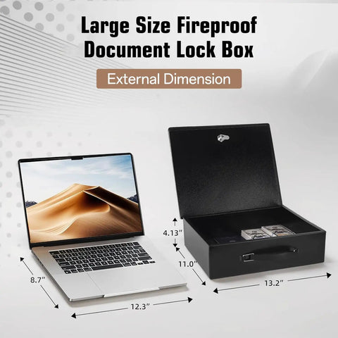 Open Fireproof Document Safe Box With Key Lock next to laptop, showing size comparison, Extra Large 13.2 By 11 By 4.13 Inches.