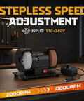 Cordless Mini Bench Grinder With Adjustable Speed And AC DC Dual Power. Features stepless speed adjustment, 110-240V input.