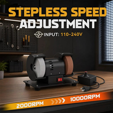 Cordless Mini Bench Grinder With Adjustable Speed And AC DC Dual Power. Features stepless speed adjustment, 110-240V input.