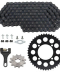 Beefed Up 420 Chain Kit With 132 Links And 45 Tooth Rear Sprocket Plus 12 Tooth Front Sprocket displayed with components