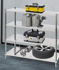 Heavy Duty Stainless Steel Four Tier Adjustable Pantry Shelf Rock Solid Freestanding Metal Storage Rack For Kitchen And Garage Organization with tools and tires.