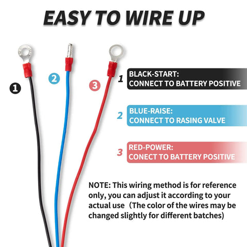 3 Wire Dump Trailer Remote Control Switch 12V wiring diagram with labeled black, blue, red wires for battery and valve connections