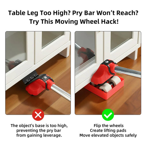 HQO LOVL Furniture Glider Kit with Four Carbon Steel Slides for Sofa Fridge Moving - Easy Lifter Tool Set shown using a pry bar and wheel pads.