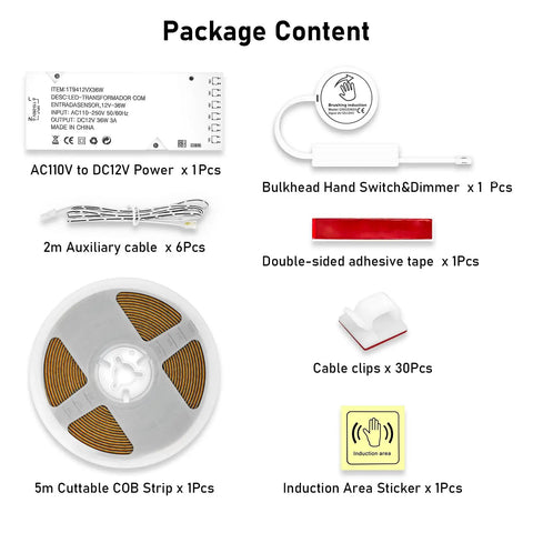Package content of Under Cabinet LED Light Strip Kit 16.4Ft Cuttable Warm White 3000K with accessories and installation tools