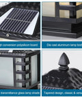 Detail views of Dope Solar Column Lights IP65 Waterproof Outdoor Post Lamp with die cast aluminum and polysilicon panel.