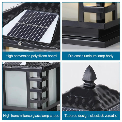 Detail views of Dope Solar Column Lights IP65 Waterproof Outdoor Post Lamp with die cast aluminum and polysilicon panel.