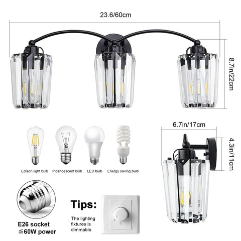 Crystal Vanity Light Fixture For Bathroom Modern Black Vanity Lights With Elegant Crystal Accents E26 Base Bulb Excluded