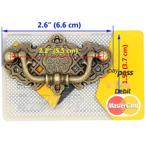 4 Pack Vintage Antique Brass Bail Pull Handles For Wooden Drawers Cabinets And Cupboards, 2.6 Inch Length Shown with Credit Card