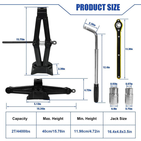 Diagram showing dimensions of 2 Ton Scissor Jack With Rubber Pad Portable Car Jack Emergency Kit for Sedan SUV MPV and tools.