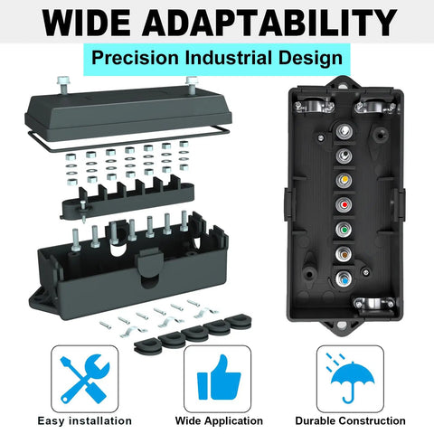 Exploded view of 7 Way Trailer Junction Box Built Tough and Waterproof Wiring Connector for RV Camper Caravans Boat.
