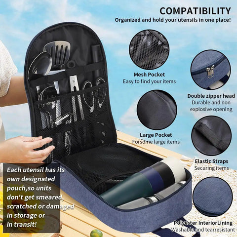 Open camping utensil set in an organizer bag with tongs, spatula, and knife, labeled features. Ultimate Must Have Camping Utensil Set For Outdoors RV Campers Includes Tongs Spatula Knife Scissors Spoons Bottle Opener Cutlery And Serving Utensils Perfect For Hiking Travel Picnics And Barbecues