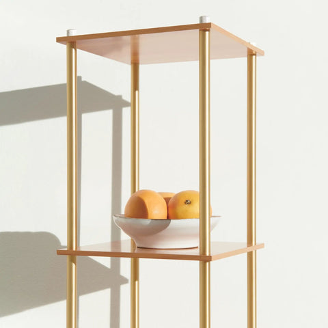 Gold Brass Floor Lamp With Wooden Shelf And Built In Wireless Charging Station Narrow Free Standing LED Column Tower