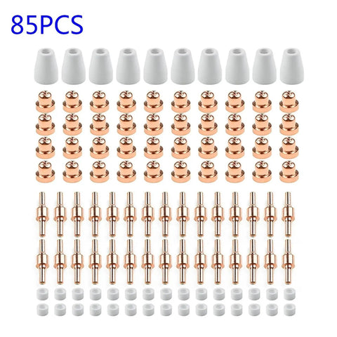 Grab Your 85Pcs Plasma Cutter Consumable Kit Set Perfect For PT31 40 Torch And CT312 Models With Tough Metal Ceramic Nozzles That Last Longer And Cut Smoother - 85 piece set of copper contacts and ceramic nozzles.