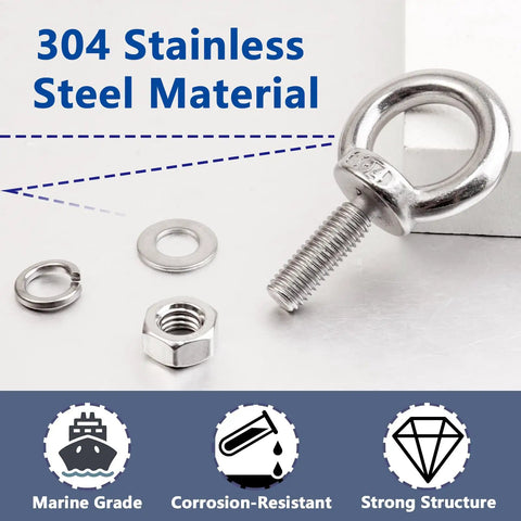 10 Pack M8 x 25mm Eyebolts With Nuts And Washers, Heavy Duty Stainless Steel 304 Marine Grade Shoulder Eye Bolts For DIY Projects, Furniture, Swing Sets, And Outdoor Use, Rust Resistant And Easy To Install, 304 stainless steel eybolt with nut and washer
