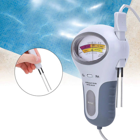 2 In 1 Water Tester For Pools And Spas Handheld CL2 Level Meter With Probe near pool showing screen and probe close-up
