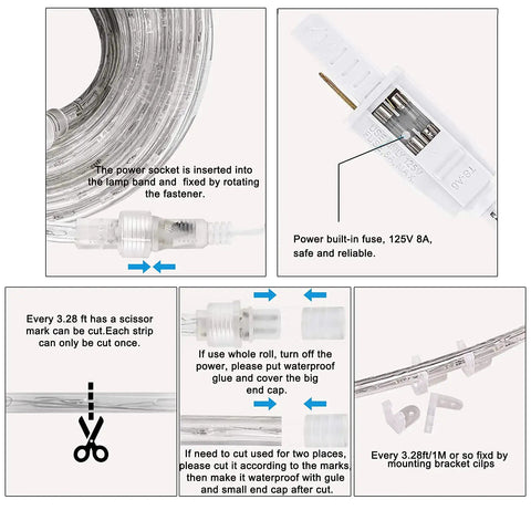 Outdoor Waterproof Rope Lights Daylight White 50Ft Cuttable And Connectable LED Tube diagram with cut and connection instructions