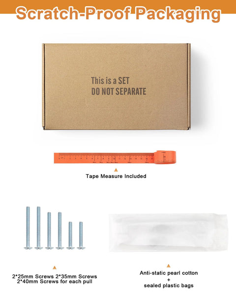 Scratch-proof packaging with screws, tape measure, and anti-static bags for 5 Inch Matte Black Cabinet Handles Set Of 10 Heavy Duty Drawer Pulls For Cabinets And Dressers Corrosion Resistant Zinc Alloy Hardware With 25mm 35mm And 40mm Mounting Screws Included.