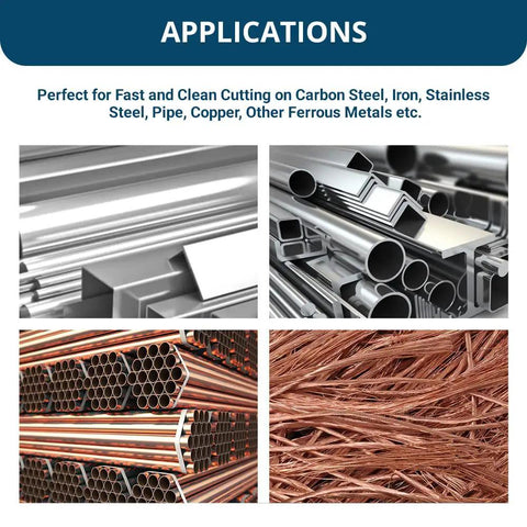 Applications for Workhorse Four And A Half Inch Aluminum Oxide Cut Off Wheels showing steel, iron, pipes, copper, and metals.