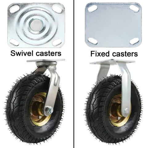 Two Pack Pneumatic Rubber Wheel Casters With Swivel And Fixed Steel Brackets Featuring Rock Solid Double Ball Bearings And Slick Rolling For Heavy Duty Carts