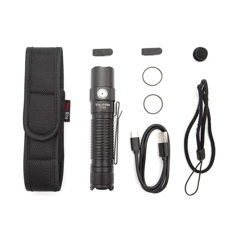 Contents of Rechargeable TT20 Flashlight with USB C Charging, including flashlight, case, USB cable, and accessories.