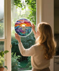 Person hanging Ocean Sunset Puzzle Suncatcher Kit With 83 Pieces For Doors Garden And Window Hanging Easy Snap Together DIY Acrylic Sun Catcher Craft Seven Point Four Inches No Tools Needed on window
