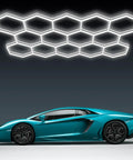 Led Hexagon Garage Light With Dope Honeycomb Ceiling Design For Beast Mode Bright Car Detailing And Shop Lighting, 6500K Daylight over car