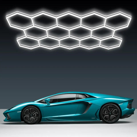 Led Hexagon Garage Light With Dope Honeycomb Ceiling Design For Beast Mode Bright Car Detailing And Shop Lighting, 6500K Daylight over car