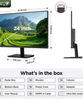 Dimensions and side view of 24 Inch Full HD Monitor with 100Hz VA Panel for smooth, crisp visuals, black E2412F, including box contents.