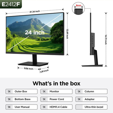 Dimensions and side view of 24 Inch Full HD Monitor with 100Hz VA Panel for smooth, crisp visuals, black E2412F, including box contents.