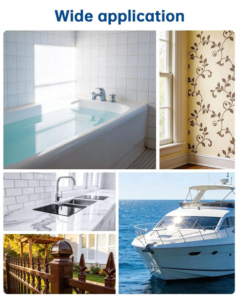 Application of Fiberglass Roller Tools Kit 4 Pcs Bubble Paddle Roller Set shown in bathtub, wall decor, countertop, and boat restoration