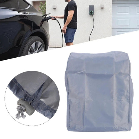 Heavy Duty Kickass Weatherproof Electric Vehicle Charger Cover Shields Wall Mounted Charging Station showing gray polyester cover and charging EV.