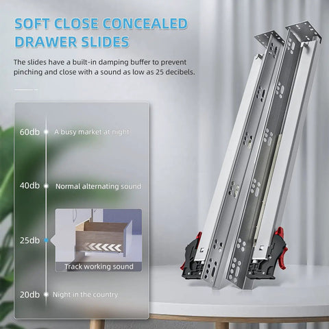 Tough As Nails Undermount Drawer Slides 6 Pair Soft Close 9 Inch showcasing noise levels and features for smooth operation.