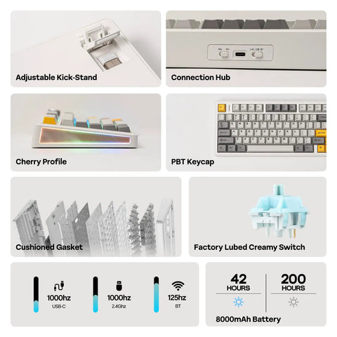 Top Shelf 75 Percent Wireless Mechanical Keyboard With Metal Volume Knob And Massive 8000 Mah Battery Triple Mode Sync detailed features.