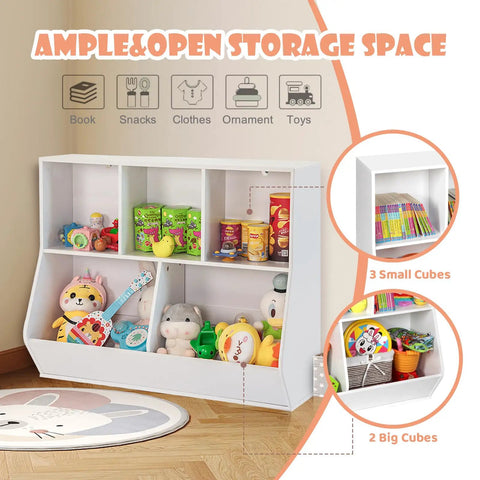 Totally Kid Approved Bookshelf And Storage Organizer For Playroom With Open Wooden Bookcase Shelves Toy Cabinet Featuring Smooth Rounded Edges And Super Sturdy White Finish