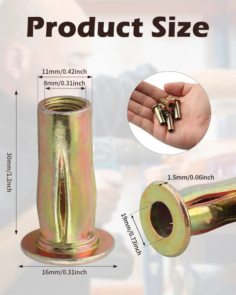 Beefy 50 Pack Multi Grip Rivet Nut Kit With 5/16-18 Steel Rivet Nuts, size dimensions displayed, hand holding inserts