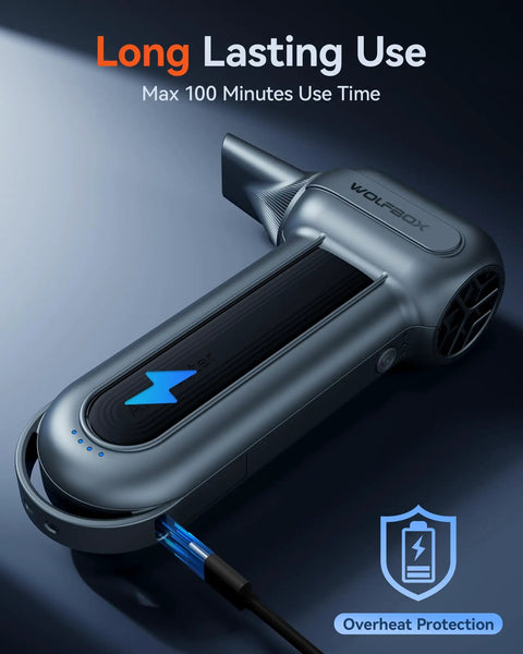 MegaFlow100 Cordless Electric Air Duster With 150000 RPM Turbo Power Brushless Motor shown with charging cable
