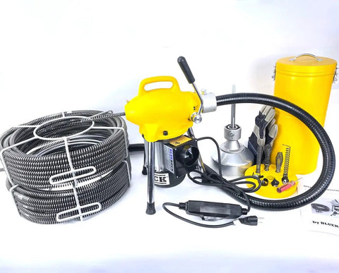 Badass Sectional Drain Cleaner Half Horsepower Motor with 120 Ft Cable, accessories for fast clog removal in pipes.