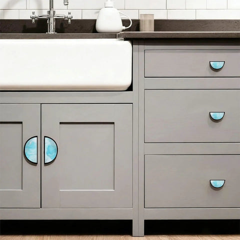 Turquoise Fluid Cabinet Handles Pack Of 2 With 3 Inch Hole Center Semicircle Black Drawer Pulls on grey kitchen cabinets