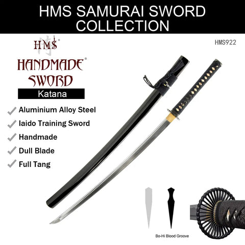 Lightweight Aluminum Katana Iaito For Iaido Training, full tang practice sword with dull blade and black tsuka.