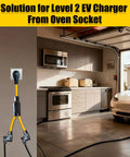 Heavy Duty 50 Amp Nema 10-50P To Dual 10-50R Y Splitter Cord connecting to oven socket for EV charger in garage.