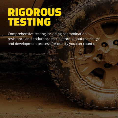 Close-up of muddy wheel with text 'Rigorous Testing' highlighting endurance and contamination resistance testing.