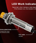 LED work indicator on M12 inductive sensor, chrome plated brass, PVC cable; part of Four Pack M12 Inductive Proximity Sensor Kit NPN Normally Open