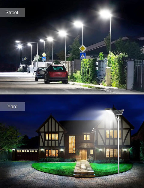 800W Solar Street Flood Light With Dusk To Dawn Sensor illuminating street and yard, IP66 waterproof for parking lot stadium garden