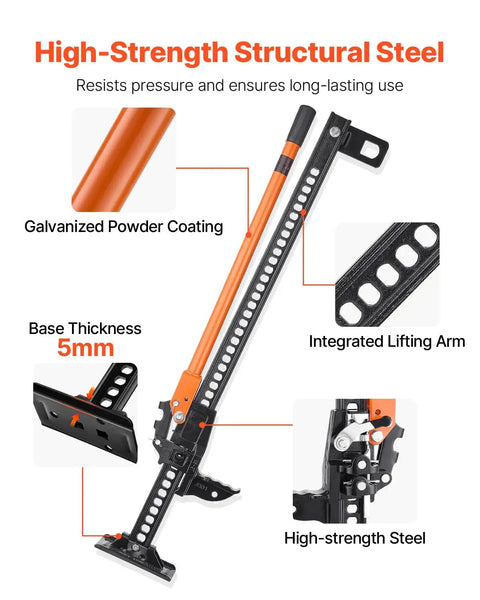 VEVOR 42 Inch Farm Jack 7000 Lbs High Lift Utility Ratchet Off Road Heavy Duty with galvanized powder coating and steel base.