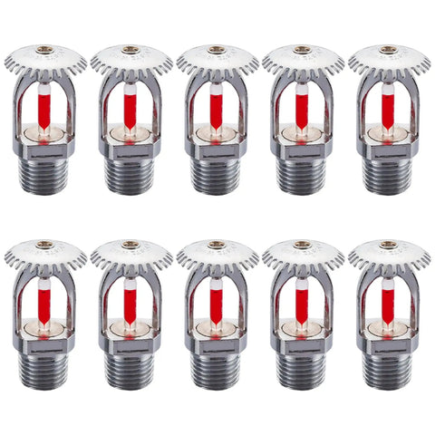 10 Pack Top Tier Fire Sprinkler Heads Pumping Upward Water Spray And 155 Degrees Rapid Trigger showing chrome finish and red indicator.