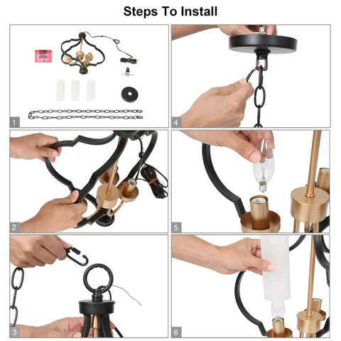 Installation steps for Modern Orb Chandelier With 3 Lights In Black And Gold, Frosted Glass Shades, shown in six stages