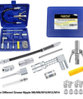 Grease gun accessory kit in blue case; 17 pieces, quick-connect couplers, 12-inch flex hose, zerk fittings