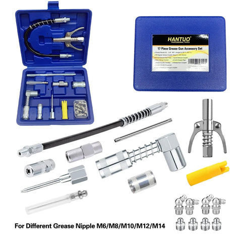 Grease gun accessory kit in blue case; 17 pieces, quick-connect couplers, 12-inch flex hose, zerk fittings